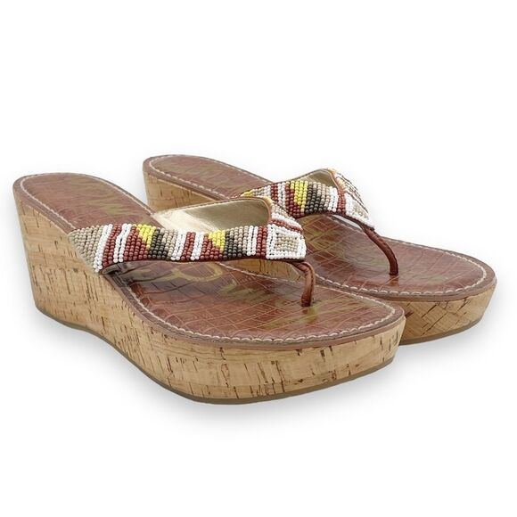 Sam Edelman Rosa Nude Ginger Beaded Thong Cork Wedge Sandal Flip Flop Size 8.5 - Picture 7 of 16
